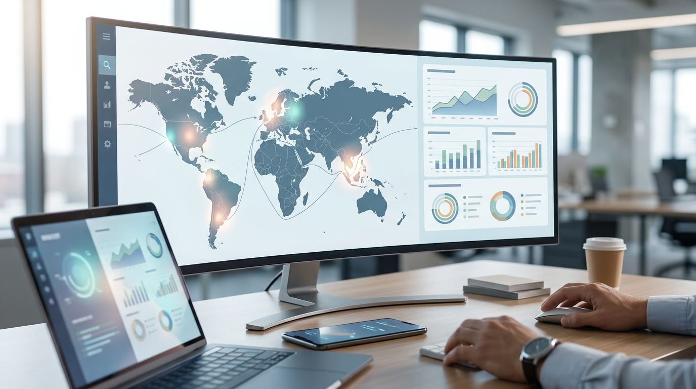 세계 지도가 띄워진 모니터 화면에 특정 국가들이 하이라이트 되어 있고, 데이터 차트가 옆에 나란히 배치된 장면