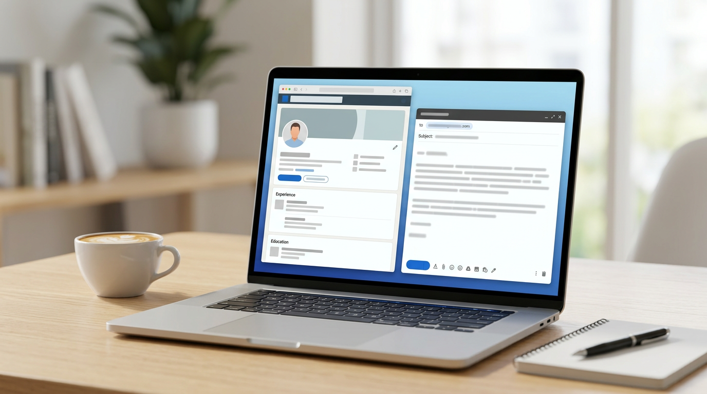 깔끔한 업무용 노트북 화면에 링크드인 프로필과 정성스럽게 작성된 영문 이메일 창이 띄워져 있는 모습