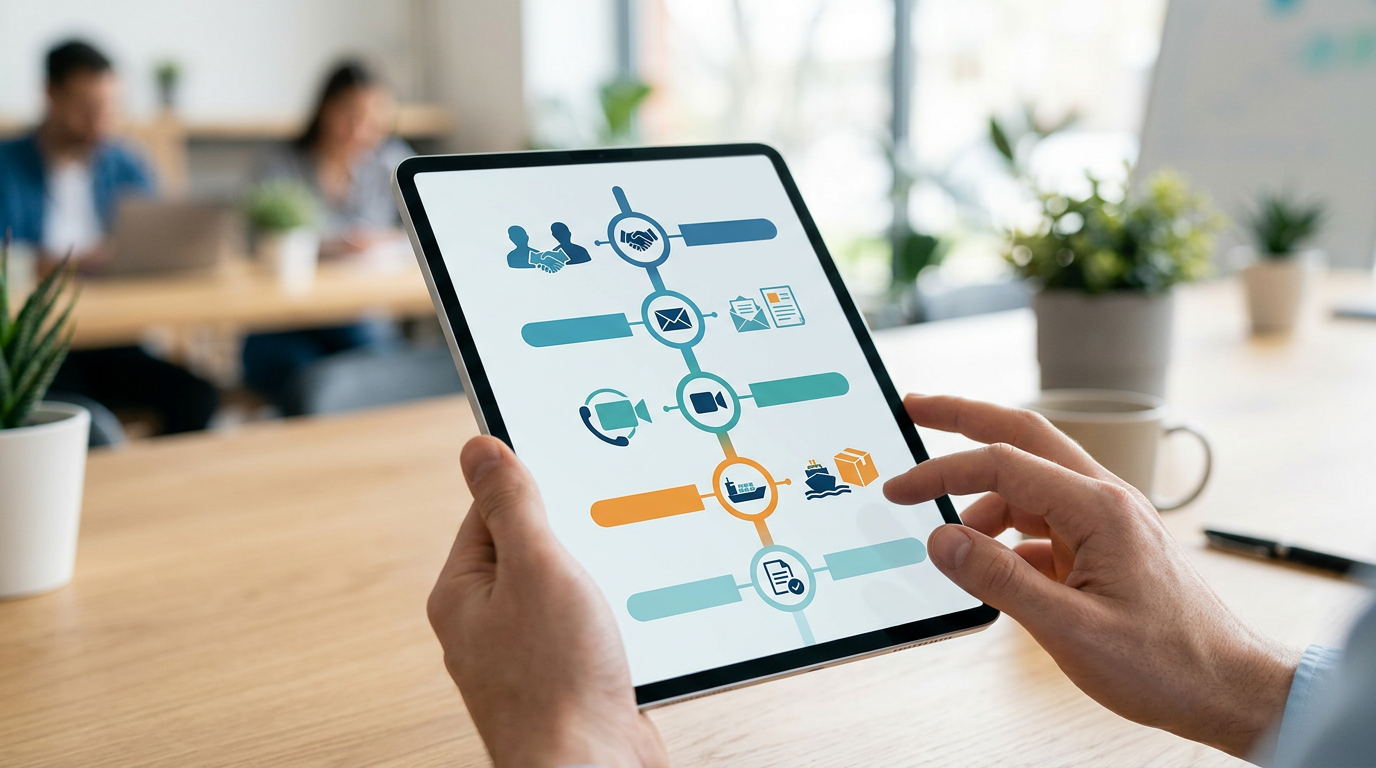 태블릿 PC 화면에 고객과의 상담 히스토리가 타임라인 형태로 깔끔하게 정리되어 출력되는 장면